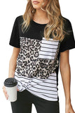 Leopard Print Striped Block Pocket T-Shirt Coffee