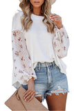 Lantern Sleeve Floral Print Patchwork T-Shirt For Women White
