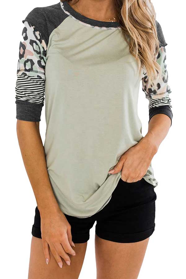 Raglan Sleeve Color Block Striped Casual T-Shirt For Women Green