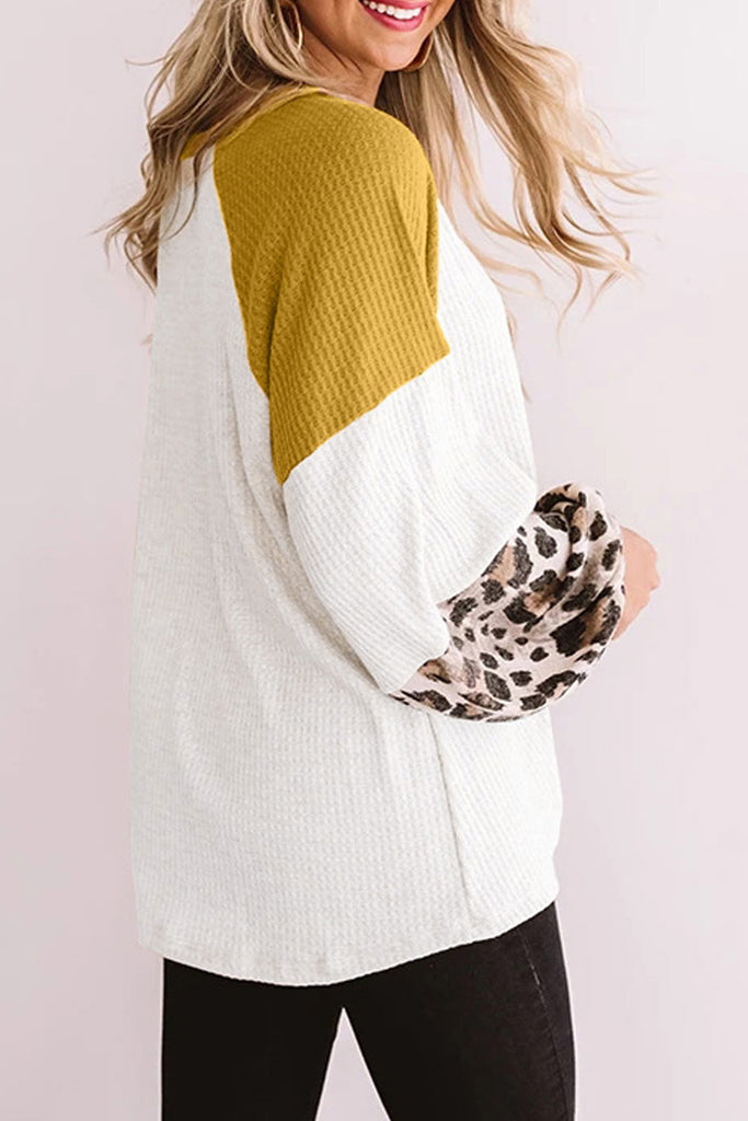 Crew Neck Long Sleeve Waffle Knit Color Block Twist T-Shirt Ginger