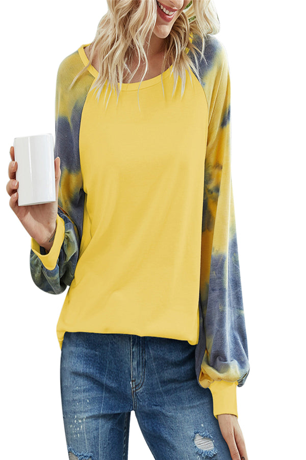 Casual Long Sleeve Crew Neck Color Block T-Shirt Yellow