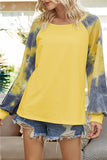 Casual Long Sleeve Crew Neck Color Block T-Shirt Yellow