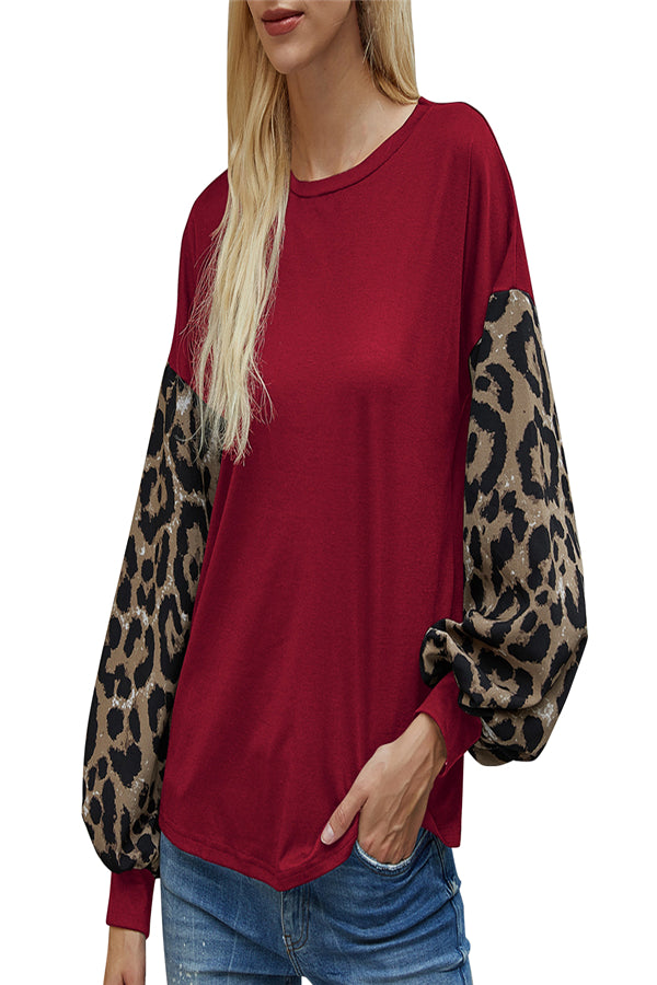 Casual Leopard Print Sleeve Pullover Sweatshirt Ruby