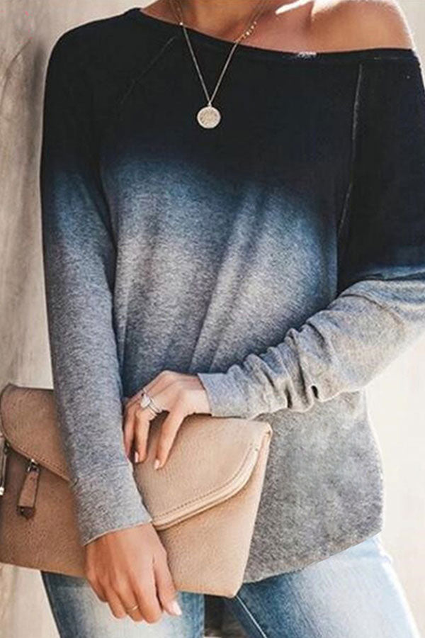 One Shoulder Long Sleeve Ombre T-Shirt Navy Blue