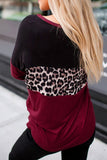 Leopard Print Color Block Crew Neck Long Sleeve T-Shirt Ruby