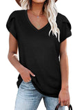 Solid Color V Neck Petal Sleeves Loose T Shirt For Women