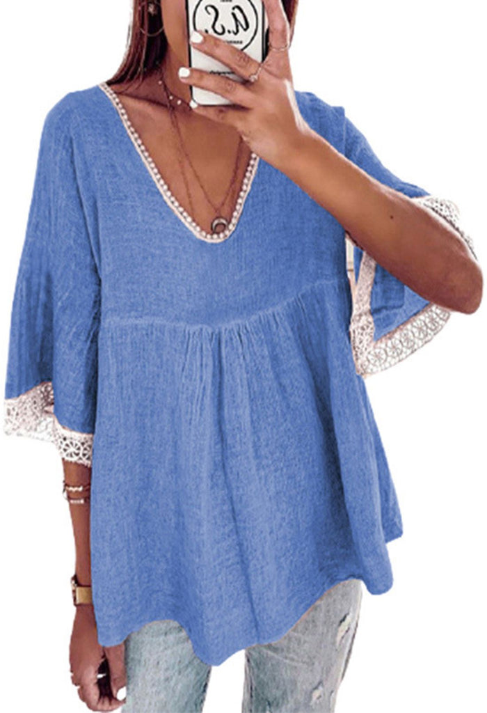 Casual V Neck Babydoll Top Short Loose Sleeve Splicing Lace Oversized Tunic Top