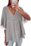 Casual V Neck Babydoll Top Short Loose Sleeve Splicing Lace Oversized Tunic Top