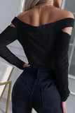 Women's Black Long Sleeve Off Shoulder Shirt Hollow Out Slim Fit Top