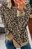 Leopard Camouflage Print Crew Neck Sweatshirt with Slits