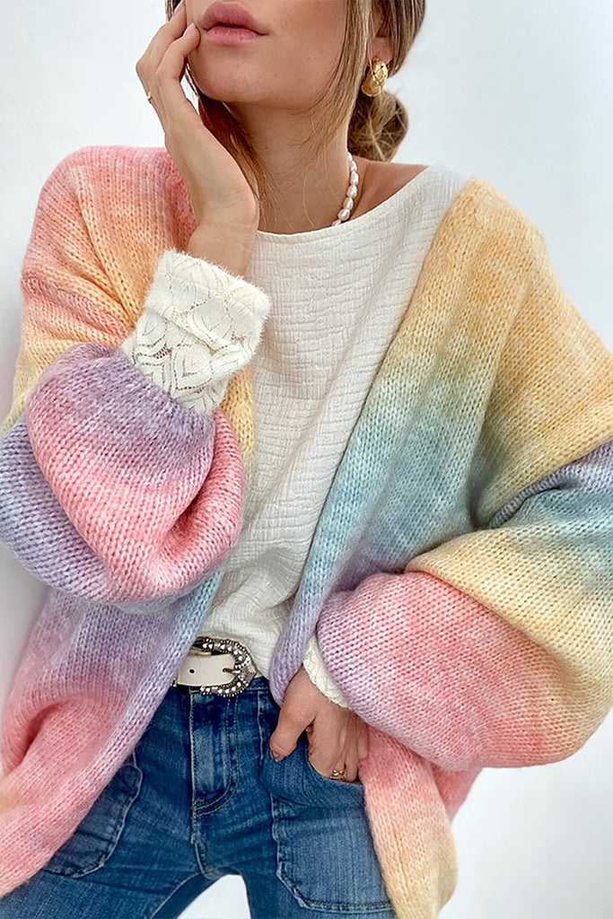 Multicolor Puff Sleeve Loose Knit Cardigan