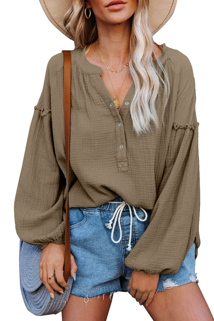 Women's Balloon Sleeve V Neck Blouse Button Up Loose Fit Shirt