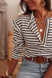 Women's Striped Print Ruffled Neckline Long Sleeve Top Round Neck Button Down Shirt