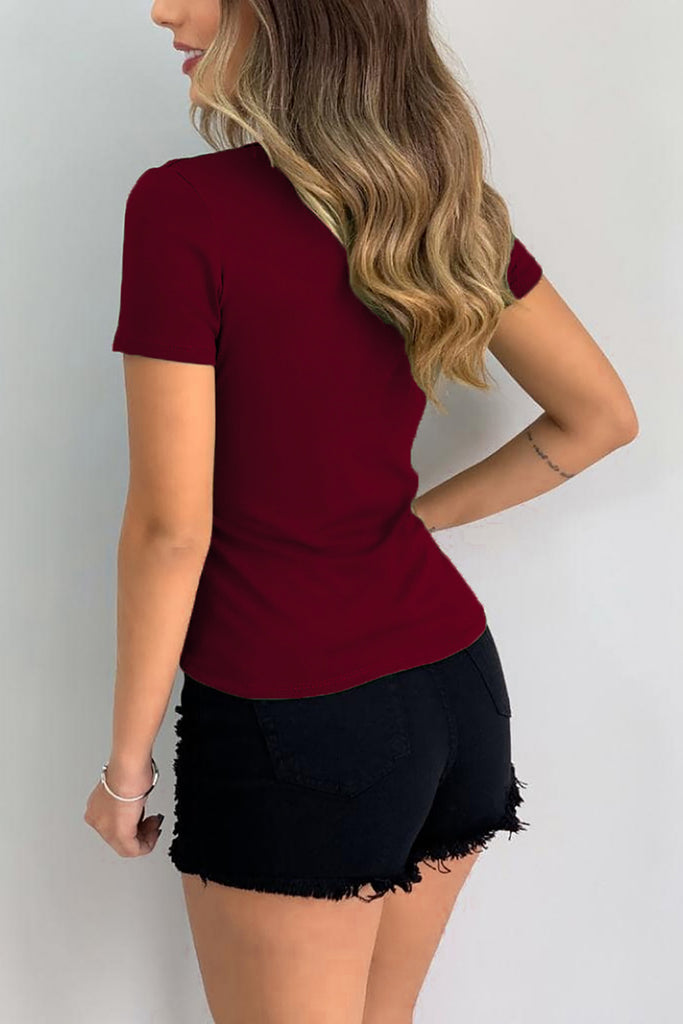 Women's Solid Color V Neck Short Sleeve Top Solid Skinny T-shirt