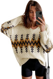 Slouchy Fit Christmas Tree Print V Neck Knit Sweater