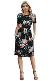 Black Short Sleeve Drawstring Waist Floral Dress With Pockets