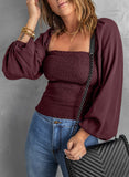 Women's Solid Color Shirred Top Square Neck Billowy Sleeves Blouse