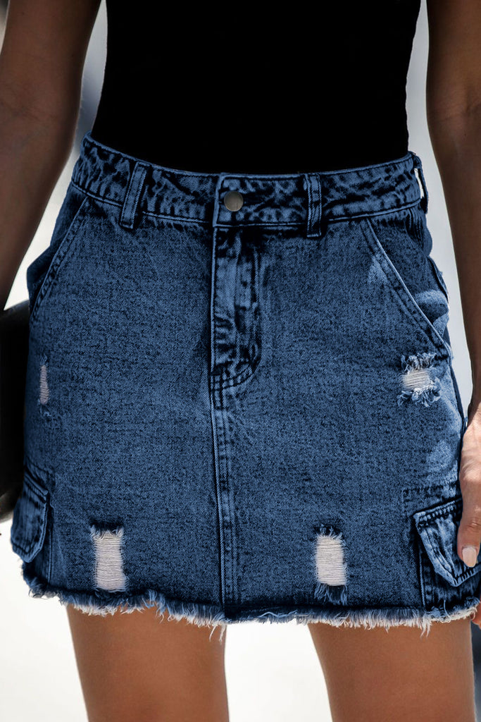 Women High Rise Frayed Raw Hem Ripped Denim Skirt Mini
