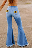 High Waist Raw Hem Button Ripped Flare Jeans