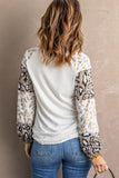 Women's Leopard Print Splicing Tops Round Neck Puff Long Sleeve Shirts