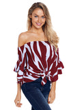 Women's Off The Shoulder Half Bell Sleeve Blouse Striped Tie Knot Casual Shirts