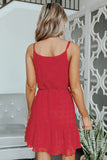 Red Swiss Dot Spaghetti Strap Mini Dress With Waist Belt