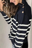 Striped Turtleneck Long Sleeve Sweater with Buttons