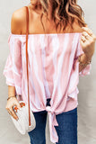 Women's Off The Shoulder Half Bell Sleeve Blouse Striped Tie Knot Casual Shirts