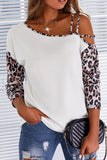 Women's Spaghetti Straps One Shoulder Shirt Leopard Long Sleeves Splicing Top