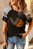Women's Striped Splicing Short Sleeve Top Leopard Print Heart Basketball Print Tee