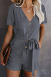 V Neck Button Down Belted Short Sleeve Romper with Pockets