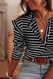 Women's Striped Print Ruffled Neckline Long Sleeve Top Round Neck Button Down Shirt